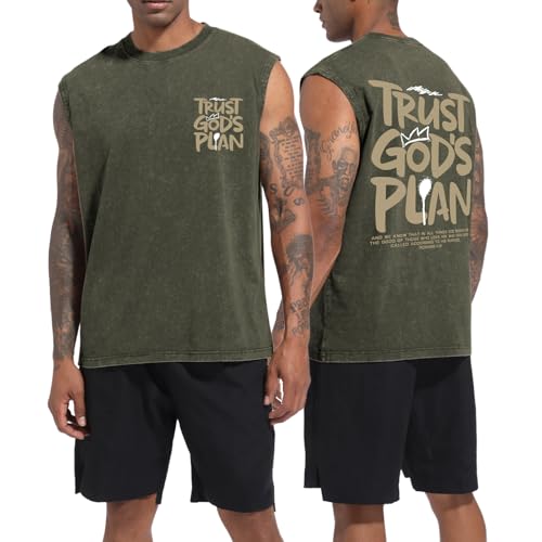BINTEHGS Mens Sleeveless Graphic Tees Christian Tank Tops Workout Cut Off Shirt Acid Wash Gym Tanks Religious Faith Tee - color: Army Green, size: Medium