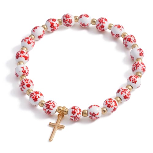 Cross Charm Bracelet for Women,Flower Floral Antique Vintage Bracelet Beaded and Cross Stretch Bracelet Aesthetic Religious Christian First Communion Baptism Confirmation Gifts Jewlery Gifts - color: Red