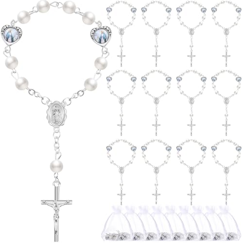 Misdary 30 Sets Baptism Mini Rosary with Organza Bags Faux Pearls Baptism Rosary Favors for Guests Catholic Finger for Christening Weddings Party Favors First Communion Gift(Silvery) - color: Silvery
