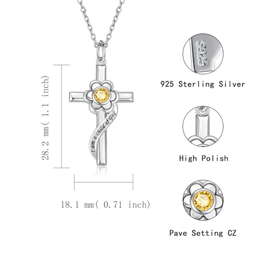 I am a Child of God Necklace - 925 Sterling Silver Birthstone Flower Cross Pendant Religious Jewelry Baptism First Communion Confirmation Gifts for Girls - style: Nov.