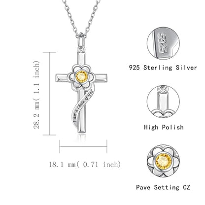 I am a Child of God Necklace - 925 Sterling Silver Birthstone Flower Cross Pendant Religious Jewelry Baptism First Communion Confirmation Gifts for Girls - style: Nov.