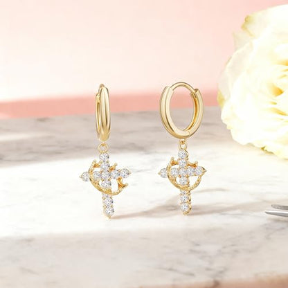 Crystal Cross Hoop Earrings Women, Gold Plated - color: gold