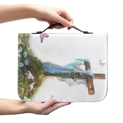 Cross & Butterfly Print PU Leather Bible Case for Women Girls Bible Carrying Case with Top Handle - color: Cross & Butterfly, size: 2X-Large