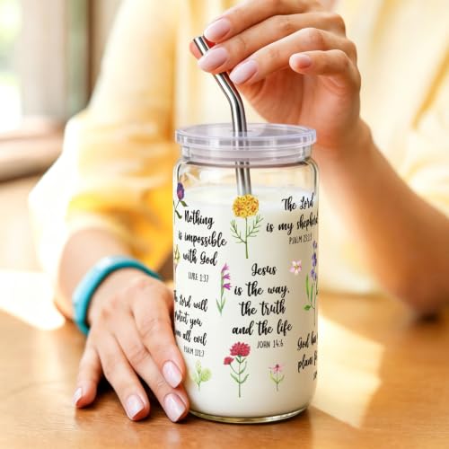 Christian Bible Verse Gifts for Women 16Oz Glass Cups with Lids & Straws, Wildflower Scripture Faith Religious Gifts for Friends, Mothersday Baptism Birthday Gifts for Church Friends Christian Women