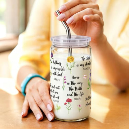 Christian Bible Verse Gifts for Women 16Oz Glass Cups with Lids & Straws, Wildflower Scripture Faith Religious Gifts for Friends, Mothersday Baptism Birthday Gifts for Church Friends Christian Women