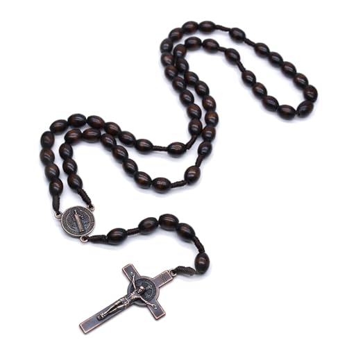 SZQCZB Wooden Rosary Beads Catholic for Men, Saint Benedict Medal and Cross - Comes in Gift Pouch and 18pcs Prayer Cards - color: Deep Coffee