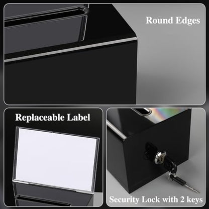 VOISEN Acrylic Donation Box with Lock, Black Tip Jar with Sign Holder