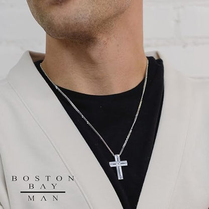 Men's Cross Pendant Necklace in 316L Stainless Steel Interlocking Woven Cross on 24” Curb Chain, Choice of Color - color: Classic Stainless Steel