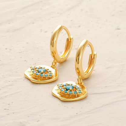 MYEARS Women Earrings Gold Huggie Hoop Dangle Drop 14K Gold Plated Small Simple Hypoallergenic Everyday Jewelry - style: Evil Eye Irregular Coin