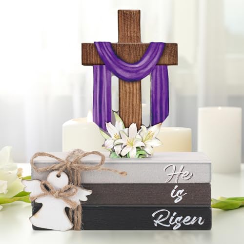 Bememo 5 Pcs Easter Decorations He is Risen Cross Wooden Sign Easter Tiered Tray Decor Christian Religious Decorative Faux Book Stack Block for Spring Home Table Fireplace Mantel Floating Shelf