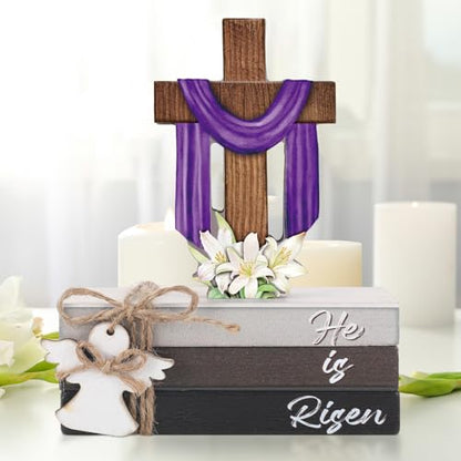 Bememo 5 Pcs Easter Decorations He is Risen Cross Wooden Sign Easter Tiered Tray Decor Christian Religious Decorative Faux Book Stack Block for Spring Home Table Fireplace Mantel Floating Shelf