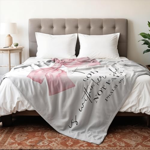 Coquette Pink Bow Christian Blanket, Christian Gifts for Women, Preppy Pink Bow Religious Bible Verse Throw Blankets for Girly Room Bedroom Dorm Apartment Couch Sofa, 50x60 Inches - color: Pink Bow