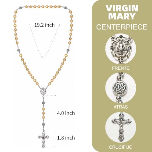 8mm Glass Pearl Rosary - Catholic Necklace for Men and Women Comes in a Metal Gift Box, First Communion Rosary Necklace as Gifts - color: Gilded Orange