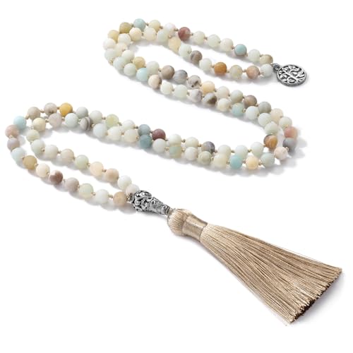 INBLUE 108 Mala Prayer Beads Wrap Necklace with Long Tassel Boho Necklace for Women Amazonite Bead Bracelet with Spiritual Tree of Life Pendant 108 Beads Necklace for Meditation - color: Natural Amazonite