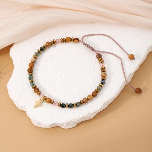 Cross Bracelets for Women Girls, Christian Gifts for Women Natural Stone Beaded Bracelets First Communion Confirmation Baptism Gifts Catholic Easter Christmas Inspirational Gift Jewelry - color: African Turquoise - Every Day