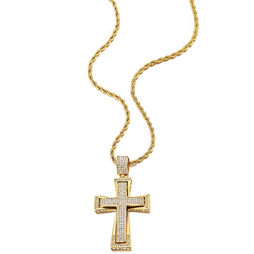 COOLSTEELANDBEYOND Mens Womens EXTRA LARGE Steel Cross Pendant Necklace with Cubic Zirconia and Wheat Chain - color: B-Metal Color: Gold
