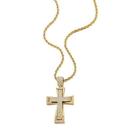 COOLSTEELANDBEYOND Mens Womens EXTRA LARGE Steel Cross Pendant Necklace with Cubic Zirconia and Wheat Chain - color: B-Metal Color: Gold