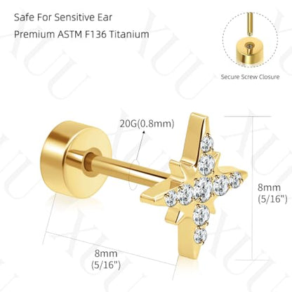 XUU 20G Flat Back Stud Earrings ASTM F136 Titanium & Sparkling CZ - color: gold cross star