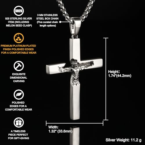 925 Sterling Silver Crucifix Necklace for Men, 18-26 Inch - color: Polished Sterling Silver Crucifix Pendant with Stainless Steel Chain, size: 18 in (46cm) Chain