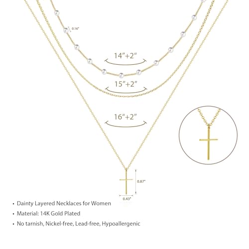 LULII Cross Necklace for Women Dainty 14K Gold Silver Plated Small Cross Pendant Choker Simple Cute Cross Gold Necklace for Women Trendy Faith Jewelry Gift - color: 3Layer Cross Pearl-Gold