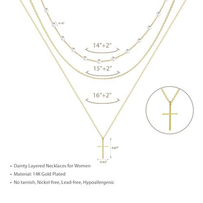 LULII Cross Necklace for Women Dainty 14K Gold Silver Plated Small Cross Pendant Choker Simple Cute Cross Gold Necklace for Women Trendy Faith Jewelry Gift - color: 3Layer Cross Pearl-Gold
