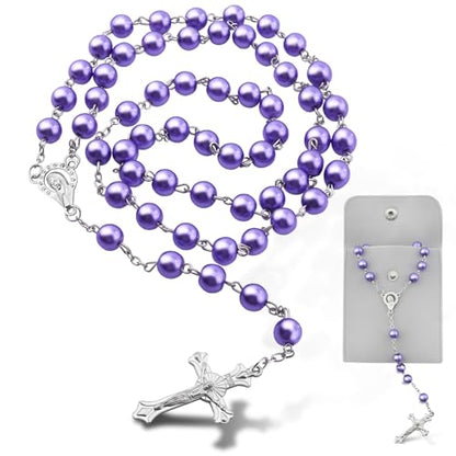 Rosary Beads for Women - Catholic Rosary Beads with Cross, Pink Crystal Rosary Necklace with Velvet Pouch, Religious Gifts for Women - color: Purple