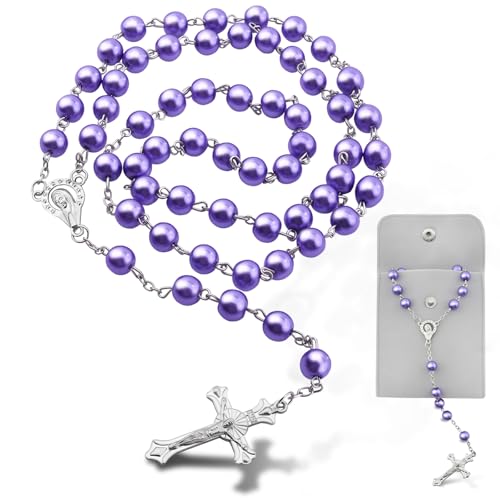 Rosary Beads for Women - Catholic Rosary Beads with Cross, Pink Crystal Rosary Necklace with Velvet Pouch, Religious Gifts for Women - color: Purple