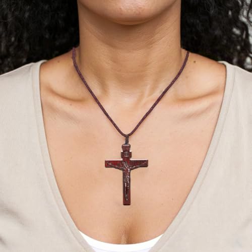 Rnivida Natural Wooden Crucifix Cross Necklace for Men - Handmade Adjustable Rope Chain with Large Religious Pendant, Catholic Christian Spiritual Jewelry Gifts - color: Brown