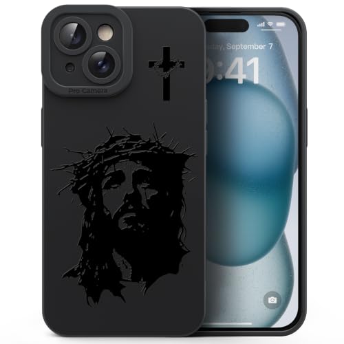 for iPhone 15 Plus Christian Phone Case, Crown Thorns Design - color: Black-Jesus Face, size: iPhone 15 Plus