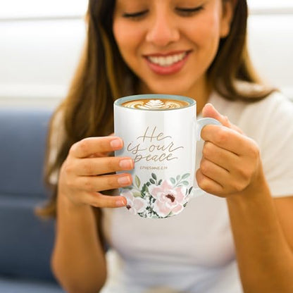 Christian Art Gifts Large 15 oz Ceramic Floral Coffee & Tea Mug for Women - color: He is Our Peace/White & Mint Green Multi Floral