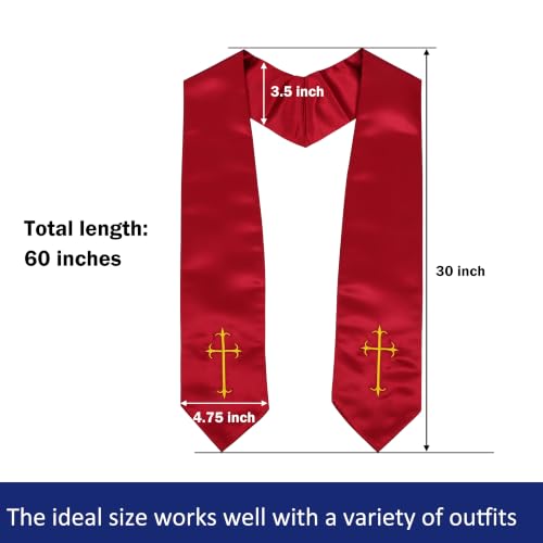 Clergy Stole, Choir Stole with Cross Embroidery 60'' - color: Maroon