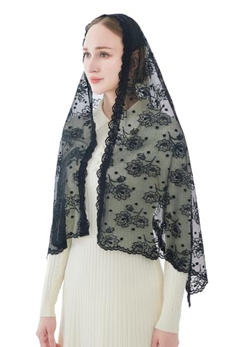 Wgior Catholic Chapel Veil – Floral Mantilla Head Covering for Church, Prayer, and Modesty – Soft Rectangular Shawl - color: Black