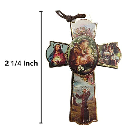 Needzo Saint Anthony Wood Cross Pendant with Sacred Heart and Cherub Angels on Cord, Catholic Necklace Jewelry for Men, 2 1/4 Inch