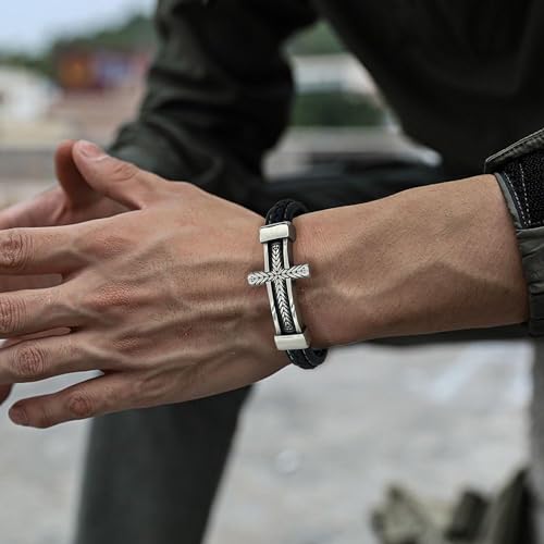 Leather Cross Bracelet Braided Faith Bangle for Men, 8.3 &9.1 Inch - color: 06.black leather; Style: wheat cross, size: 8.3in(Fits most wrists)