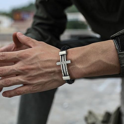 Leather Cross Bracelet Braided Faith Bangle for Men, 8.3 &9.1 Inch - color: 06.black leather; Style: wheat cross, size: 8.3in(Fits most wrists)