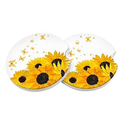 Car Coasters 2 Pack, Small 2.56" Stone Car Cupholder Absorbent Coaster Set for Women Men Drink Cup Holder Coasters (Sunflower&Butterfly) - color: Sunflower&butterfly