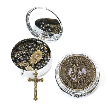 Nazareth Store St Michael Rosary Hematite Stone Beads Necklace Metal Beaded Glory Beads Archangel Medal & Cross with Metal Gift Box - color: Bronze | Jesus Cross