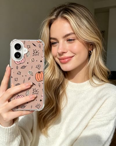 Pink Fall Vibe Phone Case Compatible with iPhone 17, Cute Pumpkin Leaves Phone Cover for iPhone 17 - color: Pink Fall Leaves