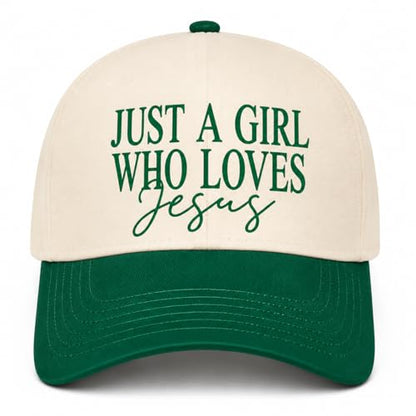 JUSTS A Girls WHO Loves Jesus Hats for Women Aesthetic Washed Distressed - color: Beige With Green Eaves