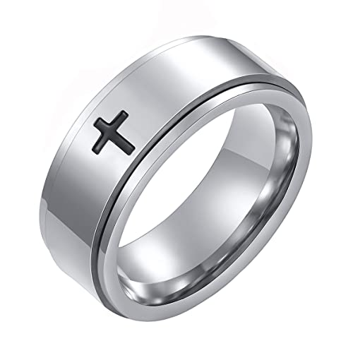 8MM Stainless Steel Cross Christian Ring Classic Plain Spinner Wedding Band for Men Women - color: 8mm - Silver