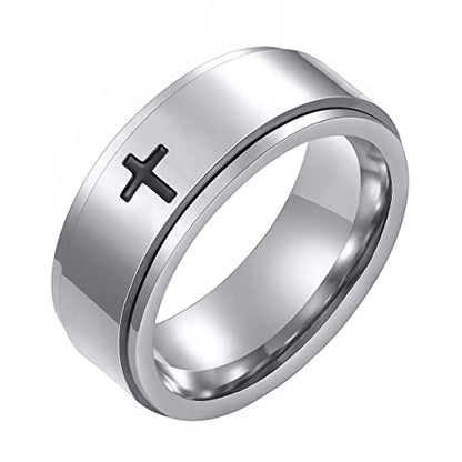 8MM Stainless Steel Cross Christian Ring Classic Plain Spinner Wedding Band for Men Women - color: 8mm - Silver