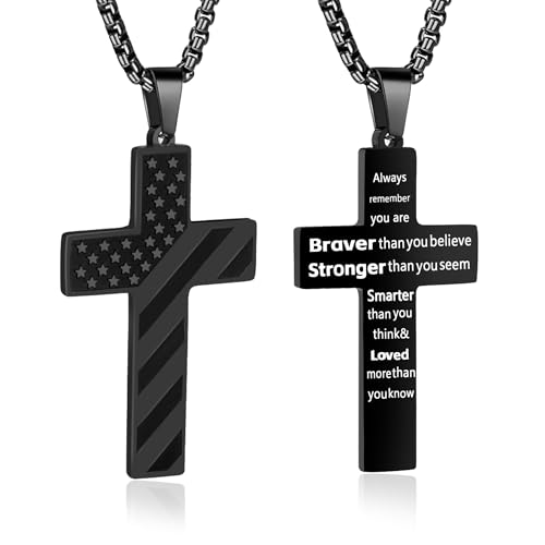 American Flag Cross Necklace for Men, Christian Confirmation Baptism Gifts - color: Black, style: Brave Strong