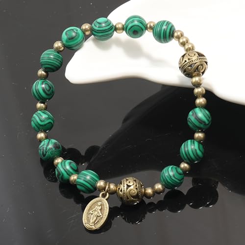Nazareth Store Stone Beads Rosary Bracelet with Metal Separators and Catholic Medal - Durable and Elegant Wrist Jewelry - color: Malachite