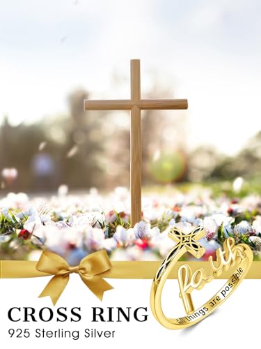 Cross Rings Faith Ring 925 Sterling Silver Adjustable Cross Wrap Ring Christian Fashion Band for Women - color: C-Yellow Gold