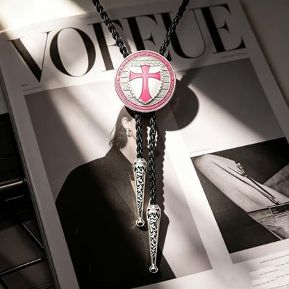 Fashionable Cross Bolo Tie Multi-Color Cross Shield Necktie - color: Pink