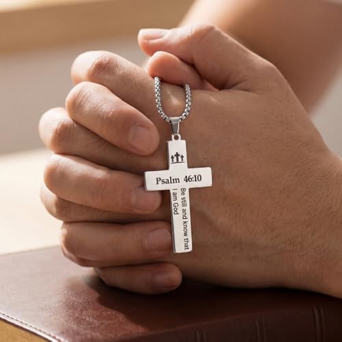 Ecally 8 Pcs Christian Cross Necklace for Men Father Religious Black Silver Stainless Steel Cross Church Gift USA Flag Chain - color: Silver