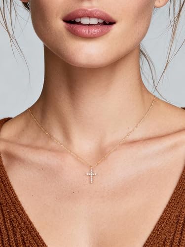 NORBU S925 Cubic Zirconia Cross Necklace for Women, Womens Cross Necklaces - color: Gold