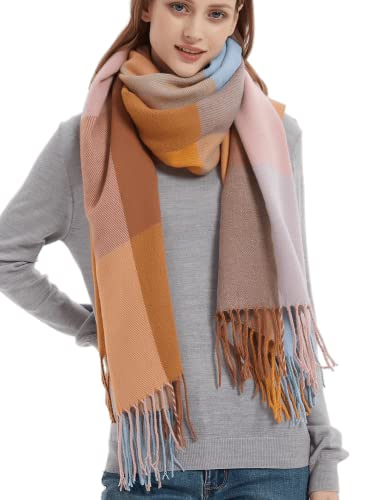 Wander Agio Women's Fashion Long Shawl Big Grid Winter Warm Lattice Large Scarf - color: Big Camel Pink 7