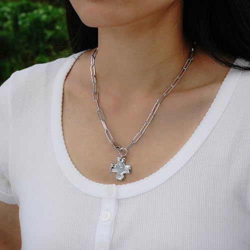 Chunky Cross Necklace for Women, 14K Gold Silver Pendant Necklace - color: White Gold-Lobster Clasp-1 inch pendant