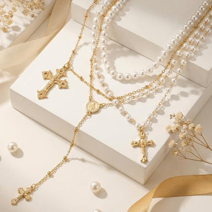 Layered Cross Necklace Silver Set for Women, 4-Piece Chunky Pearl Cross Stack Christian Necklaces, Adjustable Vintage Long Y Boho Gothic Statement Jewelry Gift - style: Gold 2-4Pcs